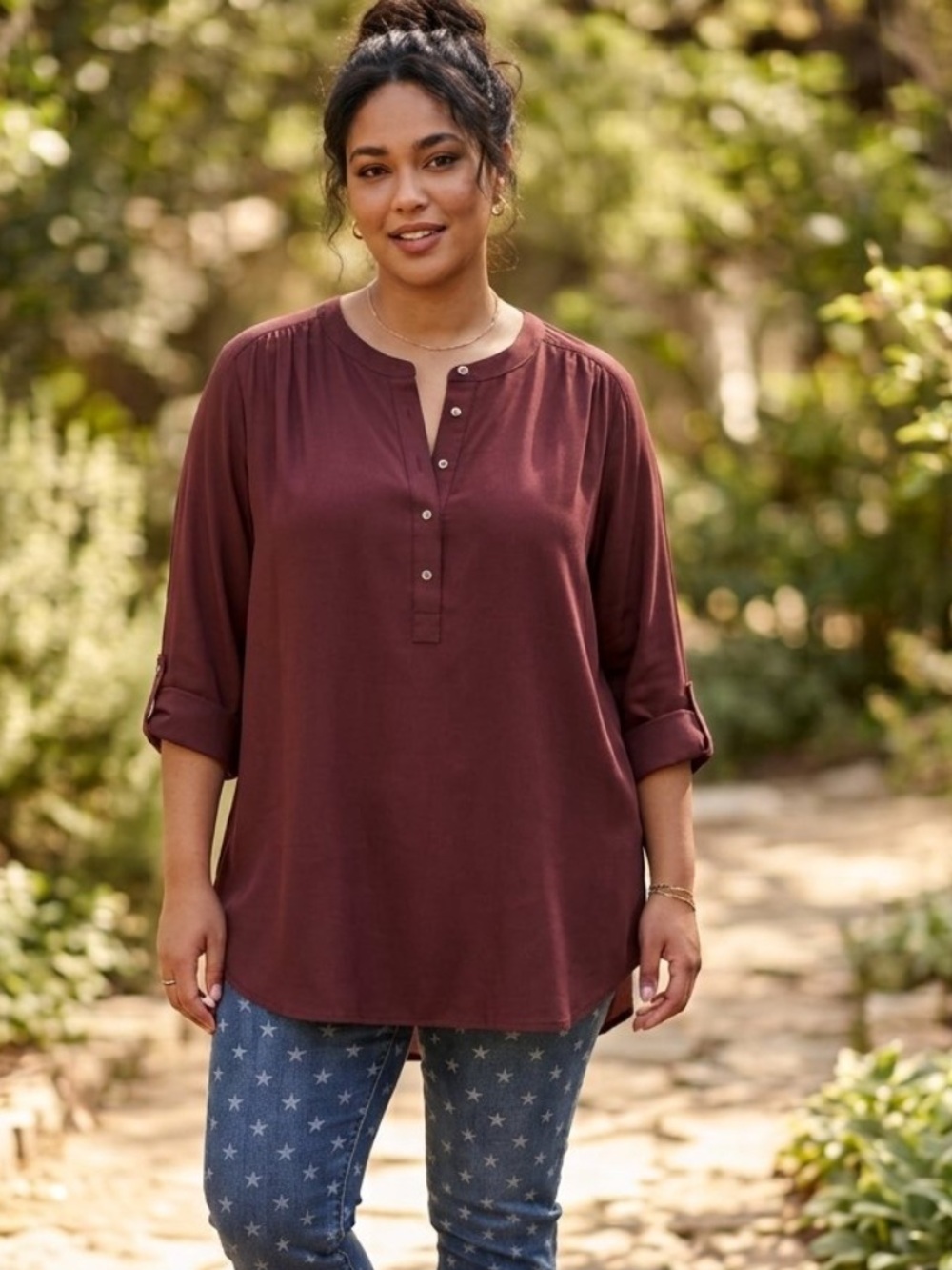 👗LOFT Women's Deep Maroon Button-Front Tunic Blouse